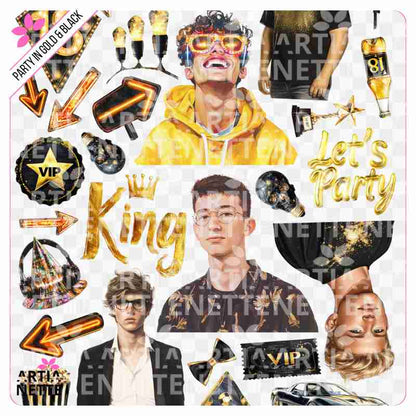 25 Clipartów PNG "Party in Gold & Black Set 07". Akwarelowe grafiki młodych mężczyzn, numer 18, korony, samochód sportowy, popcorn i złote akcesoria. Zestaw idealny na 18. urodziny dla chłopca.