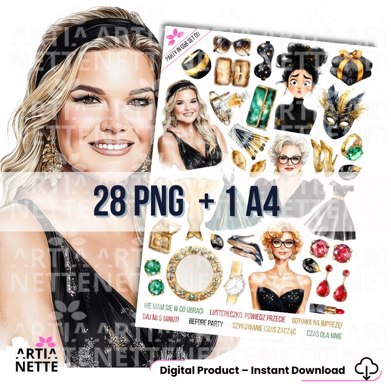 28 Clipartów PNG "Party in Gold & Black Set 08". Akwarelowe grafiki kobiet, masek karnawałowych, luksusowych torebek, szpilek i kosmetyków w kolorach złota, czerni i szmaragdu. Zestaw zawiera arkusz A4.