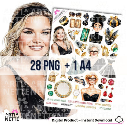 28 Clipartów PNG "Party in Gold & Black Set 08". Akwarelowe grafiki kobiet, masek karnawałowych, luksusowych torebek, szpilek i kosmetyków w kolorach złota, czerni i szmaragdu. Zestaw zawiera arkusz A4.