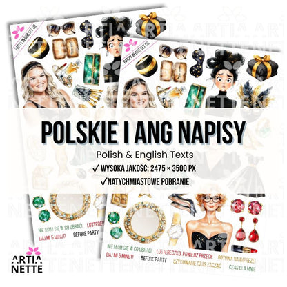 28 Clipartów PNG "Party in Gold & Black Set 08". Akwarelowe grafiki kobiet, masek karnawałowych, luksusowych torebek, szpilek i kosmetyków w kolorach złota, czerni i szmaragdu. Zestaw zawiera arkusz A4.