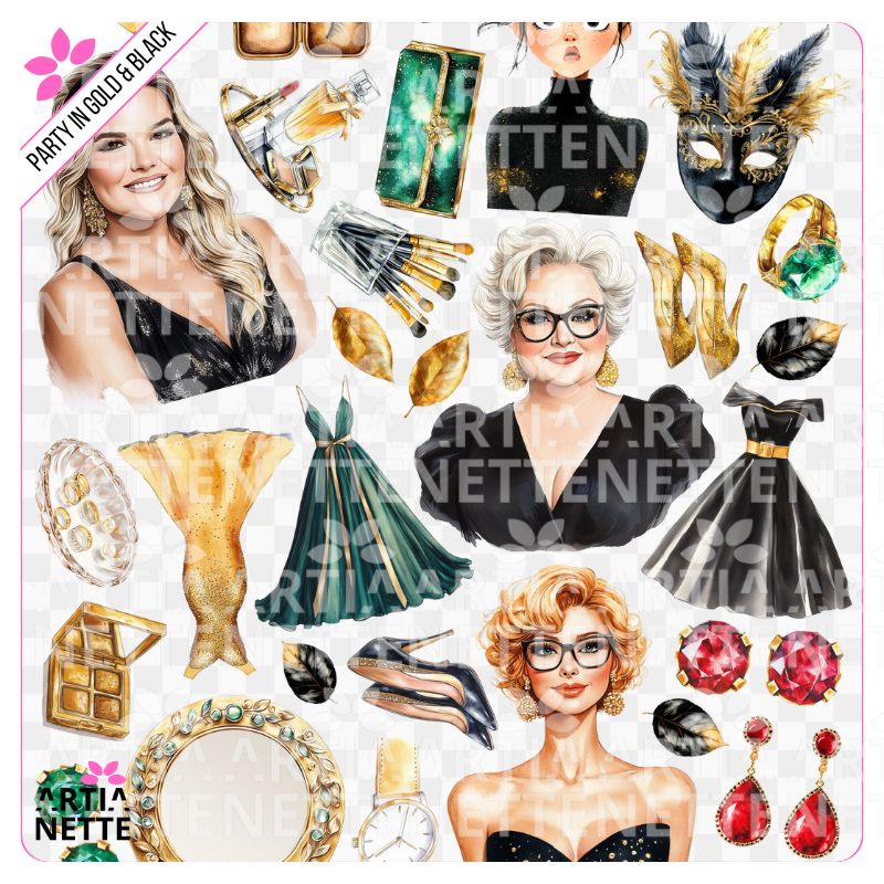 28 Clipartów PNG "Party in Gold & Black Set 08". Akwarelowe grafiki kobiet, masek karnawałowych, luksusowych torebek, szpilek i kosmetyków w kolorach złota, czerni i szmaragdu. Zestaw zawiera arkusz A4.