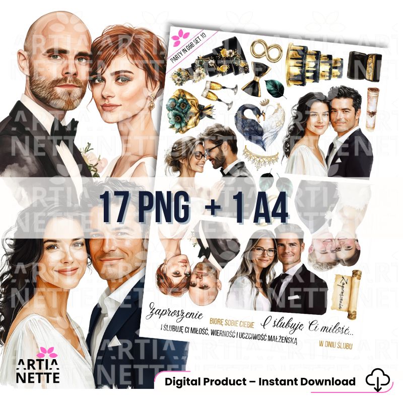 17 Clipartów PNG "Party in Gold & Black Set 10". Akwarelowe grafiki par młodych, obrączek, kieliszków szampana, łabędzia i złotych akcesoriów. Zestaw idealny na ślub i wesele.