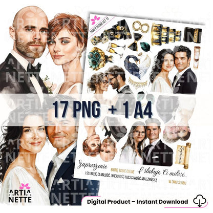 17 Clipartów PNG "Party in Gold & Black Set 10". Akwarelowe grafiki par młodych, obrączek, kieliszków szampana, łabędzia i złotych akcesoriów. Zestaw idealny na ślub i wesele.