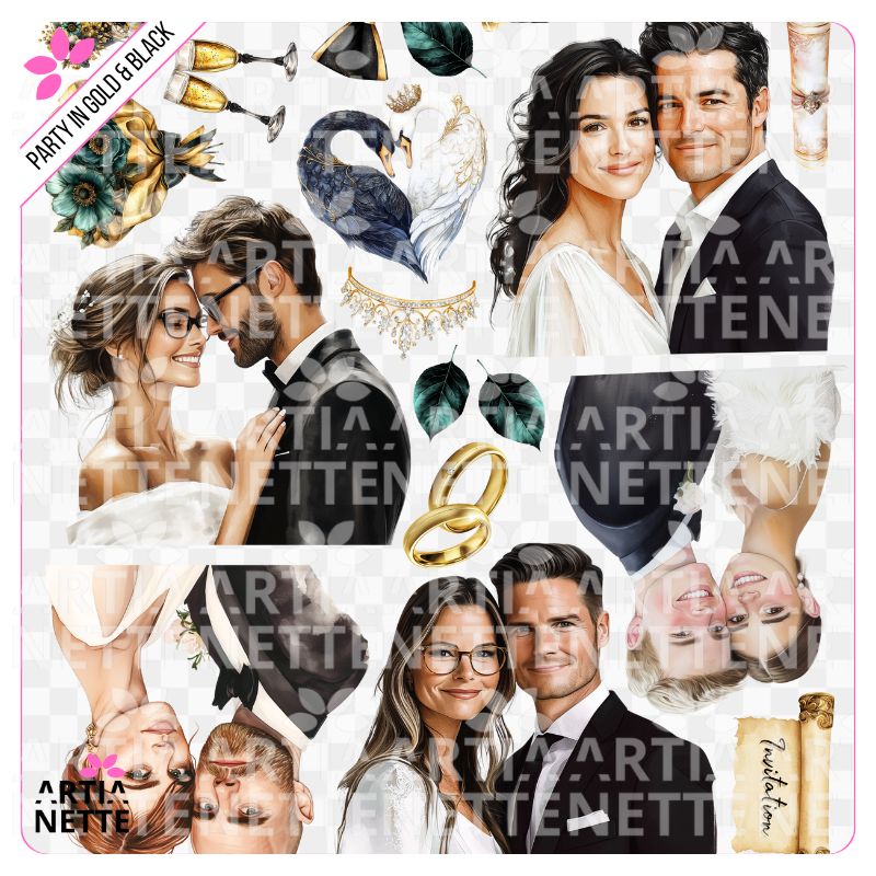 17 Clipartów PNG "Party in Gold & Black Set 10". Akwarelowe grafiki par młodych, obrączek, kieliszków szampana, łabędzia i złotych akcesoriów. Zestaw idealny na ślub i wesele.