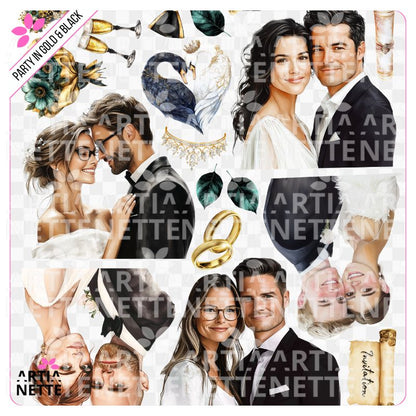 17 Clipartów PNG "Party in Gold & Black Set 10". Akwarelowe grafiki par młodych, obrączek, kieliszków szampana, łabędzia i złotych akcesoriów. Zestaw idealny na ślub i wesele.