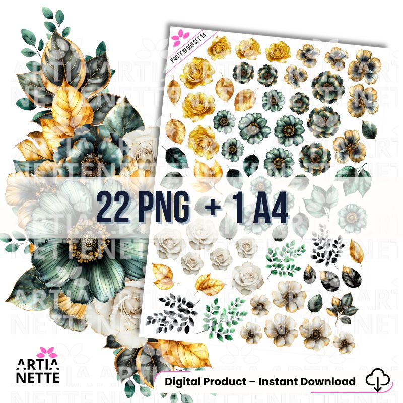 22 Cliparty PNG "Party in Gold & Black Set 13". Akwarelowe kwiaty, róże i liście w kolorach złota, butelkowej zieleni i bieli. Idealny zestaw botaniczny do zaproszeń ślubnych.