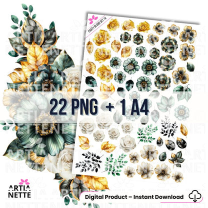 22 Cliparty PNG "Party in Gold & Black Set 13". Akwarelowe kwiaty, róże i liście w kolorach złota, butelkowej zieleni i bieli. Idealny zestaw botaniczny do zaproszeń ślubnych.