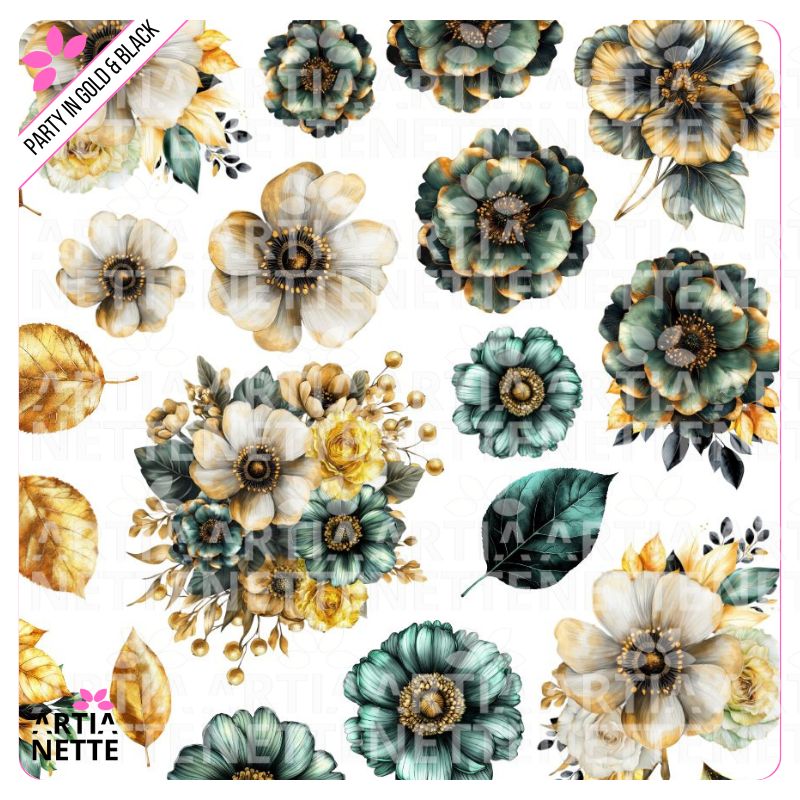 22 Cliparty PNG "Party in Gold & Black Set 13". Akwarelowe kwiaty, róże i liście w kolorach złota, butelkowej zieleni i bieli. Idealny zestaw botaniczny do zaproszeń ślubnych.
