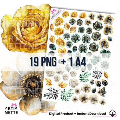 19 Clipartów PNG "Party in Gold & Black Set 14". Akwarelowe kwiaty, róże, anemony i jesienne liście w kolorach złotej żółci, czerni i stonowanej zieleni. Botaniczny zestaw VIP.