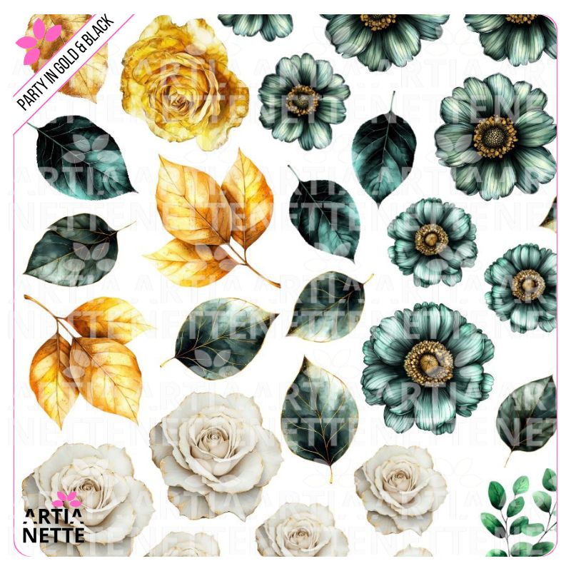 19 Clipartów PNG "Party in Gold & Black Set 14". Akwarelowe kwiaty, róże, anemony i jesienne liście w kolorach złotej żółci, czerni i stonowanej zieleni. Botaniczny zestaw VIP.