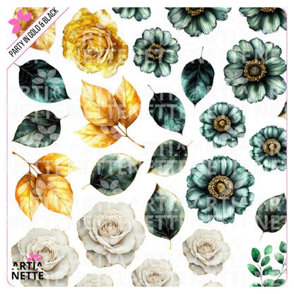 19 Clipartów PNG "Party in Gold & Black Set 14". Akwarelowe kwiaty, róże, anemony i jesienne liście w kolorach złotej żółci, czerni i stonowanej zieleni. Botaniczny zestaw VIP.
