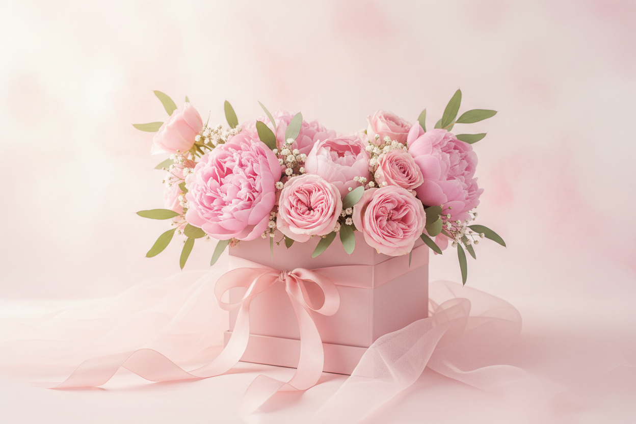 różowy prezent z kwiatami różowymi delikatny