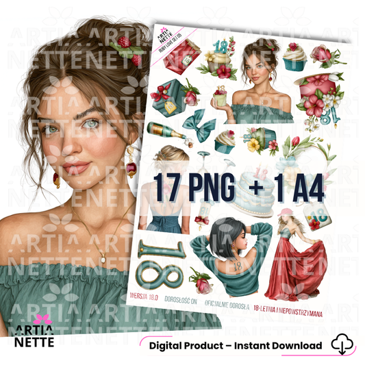 Ruby Love SET 05 – grafiki PNG na 18 urodziny z motywem klucza, tortu i kobiecej celebracji, 17 elementów i arkusz A4