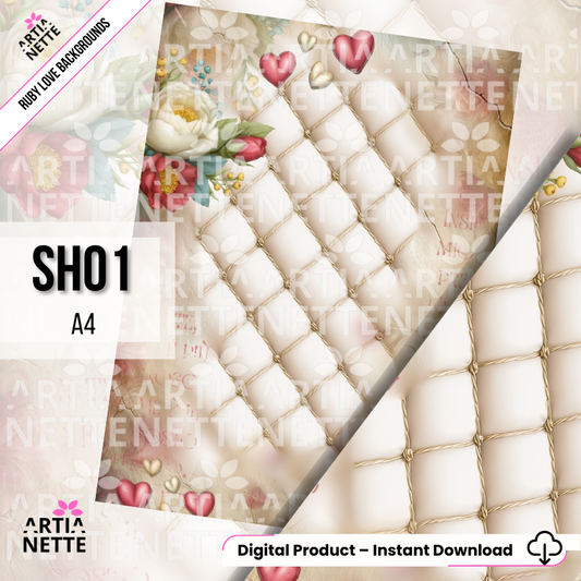 Papier scrapbookowy romantyczne tło z sercami i kwiatami vintage Ruby Love A4.