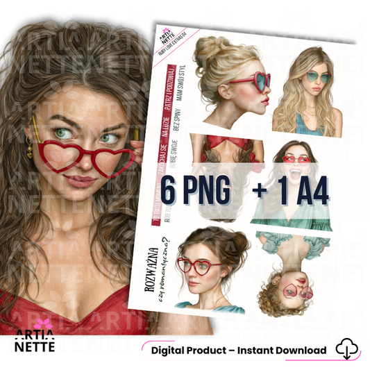 Arkusz do wycinania z ilustracjami stylowych dziewczyn w okularach w kształcie serca – zestaw 6 grafik PNG i arkusz A4 Ruby Love.