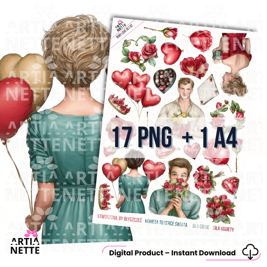 Ruby Love SET 02 – grafiki PNG na Dzień Kobiet z różami, balonami sercami i motywem miłosnym, 17 elementów i arkusz A4