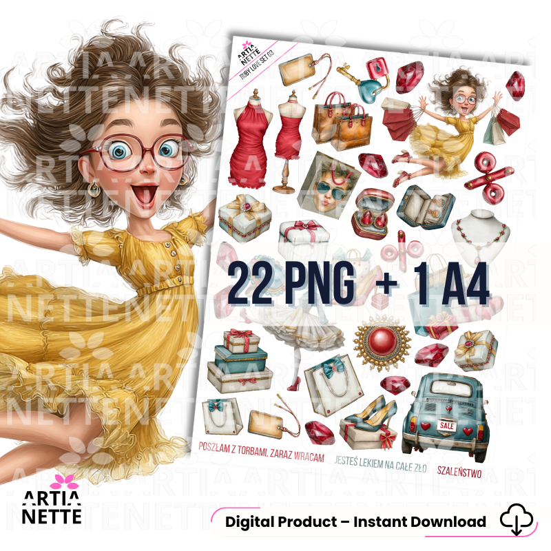Ruby Love SET 03 – grafiki PNG z motywem mody, zakupów i kobiecych dodatków, 22 elementy i arkusz A4