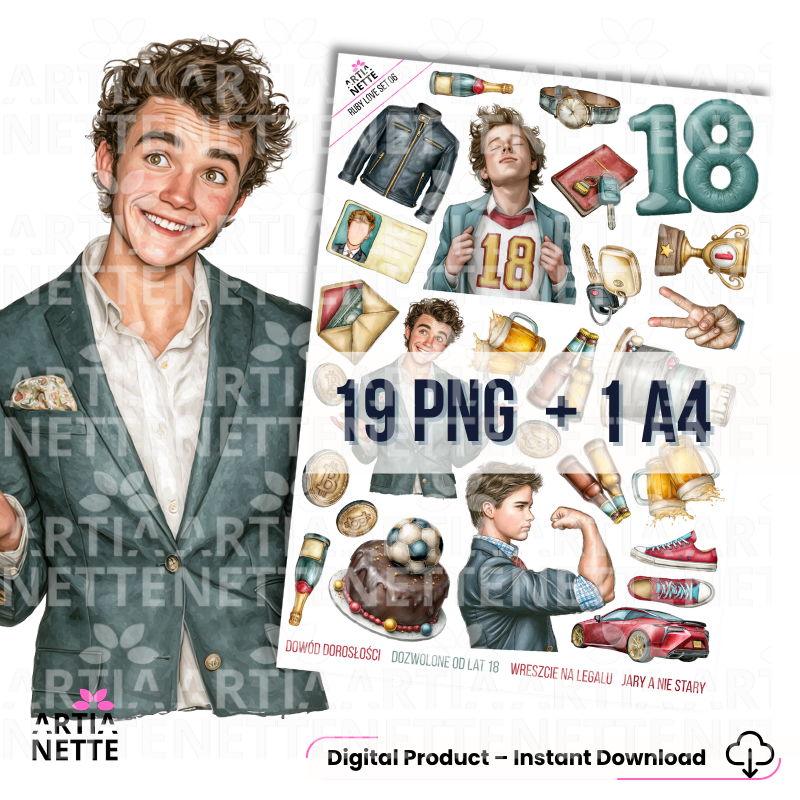 Ruby Love SET 06 – grafiki PNG na 18 urodziny dla chłopaka z liczbą 18, samochodem sportowym i męskimi akcentami