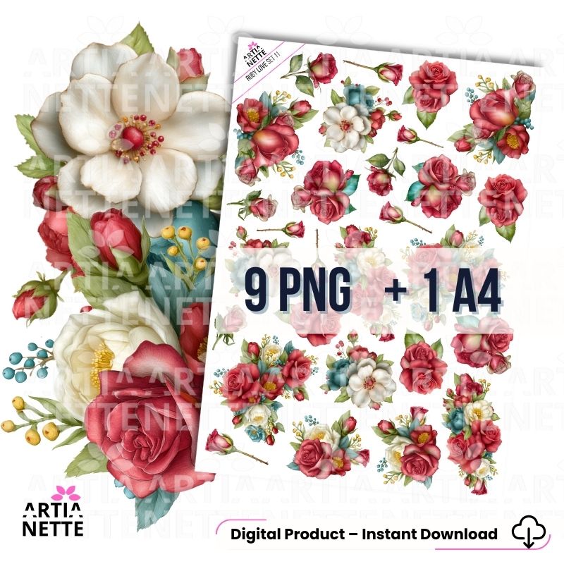 Kliparty czerwone róże vintage do scrapbookingu PNG arkusz A4 Ruby Love.