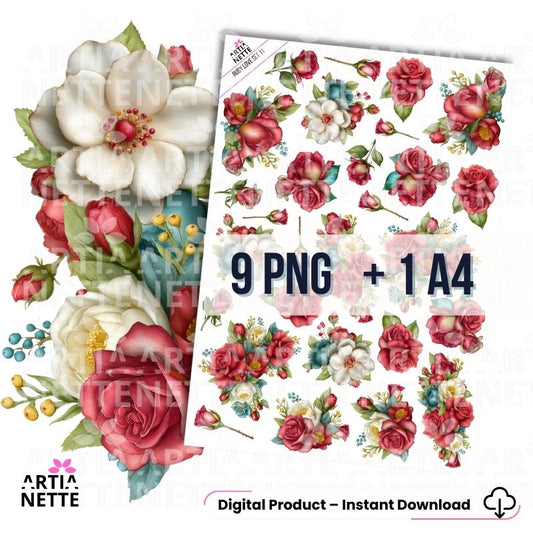 Kliparty czerwone róże vintage do scrapbookingu PNG arkusz A4 Ruby Love.