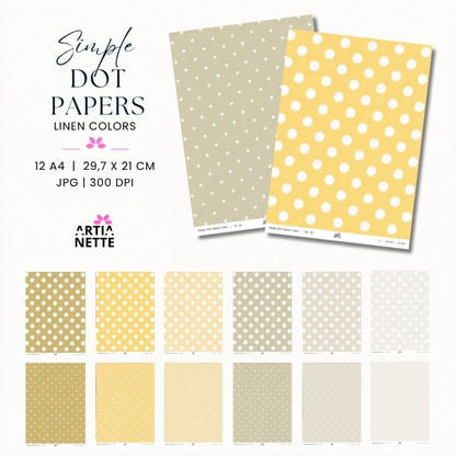 Papiery cyfrowe A4 w białe groszki, pastelowe beżowe i żółte tła linen colors do kartek, albumów i projektów DIY