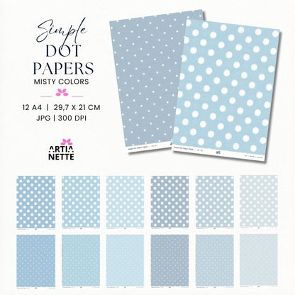 Simple Dot Papers Misty Colors – 12 niebieskich papierów A4 w groszki, pastelowe cyfrowe tła JPG 300 DPI do kartek, plannerów, albumów i projektów kreatywnych
