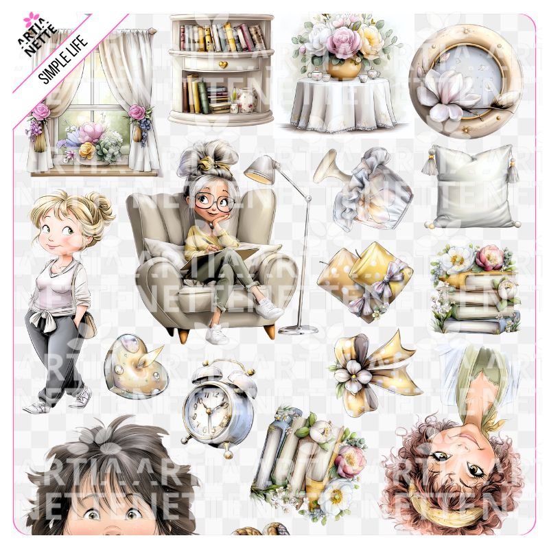 Simple Life, dom, przytulny dom, zestaw, clipart PNG, hygge, ilustracje domowe, scrapbooking, DIY, planer, grafika do druku, licencja komercyjna, PNG, 300 DPI, A4.