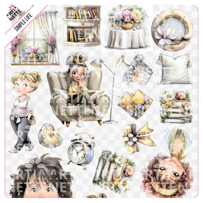 Simple Life, dom, przytulny dom, zestaw, clipart PNG, hygge, ilustracje domowe, scrapbooking, DIY, planer, grafika do druku, licencja komercyjna, PNG, 300 DPI, A4.