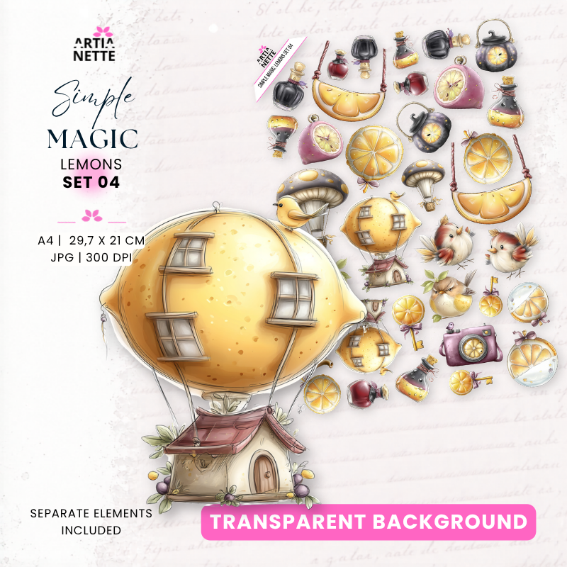 Simple Magic Lemons Set 04 – magiczne cytrynowe domki, eliksiry, klucze, aparaty, ptaszki i fantazyjne przedmioty