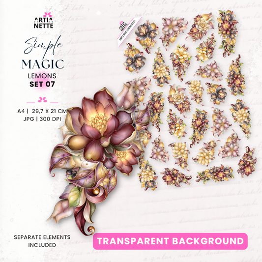 Simple Magic Lemons Set 07 – fantazyjne kompozycje kwiatowe z cytrynami w odcieniach bordo, różu, kremu, żółci i oliwkowej zieleni