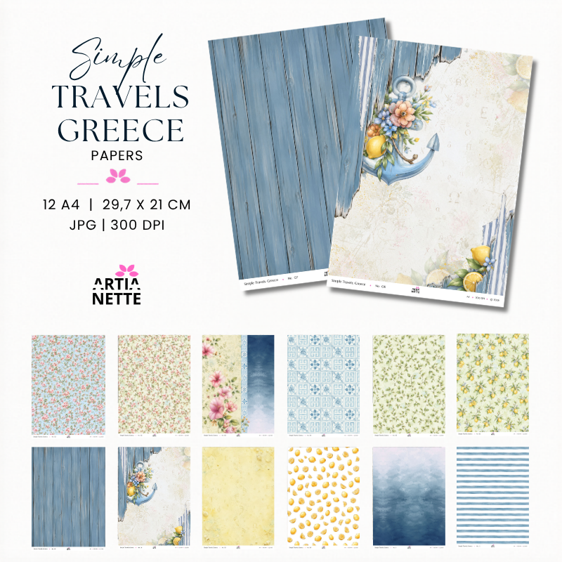 Simple Travels Greece Papers – cyfrowe papiery A4 należące do kolekcji Simple Travels Greece, 12 plików JPG 300 DPI do projektów i wydruków