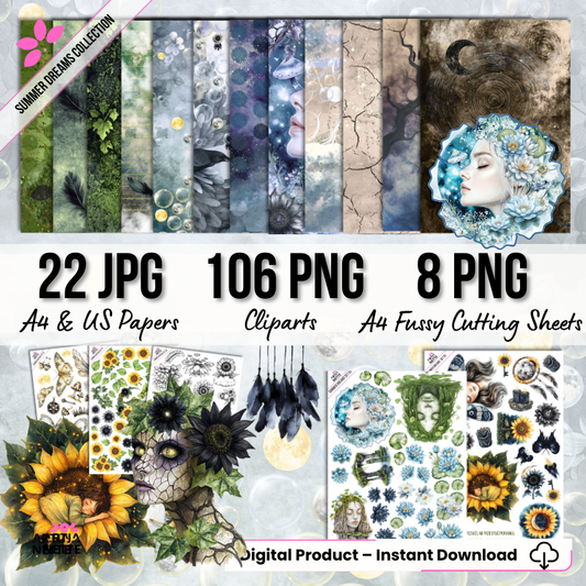 zestaw grafik fantasy lato png jpg a4 summer dreams bundle ilustracje rośliny postacie